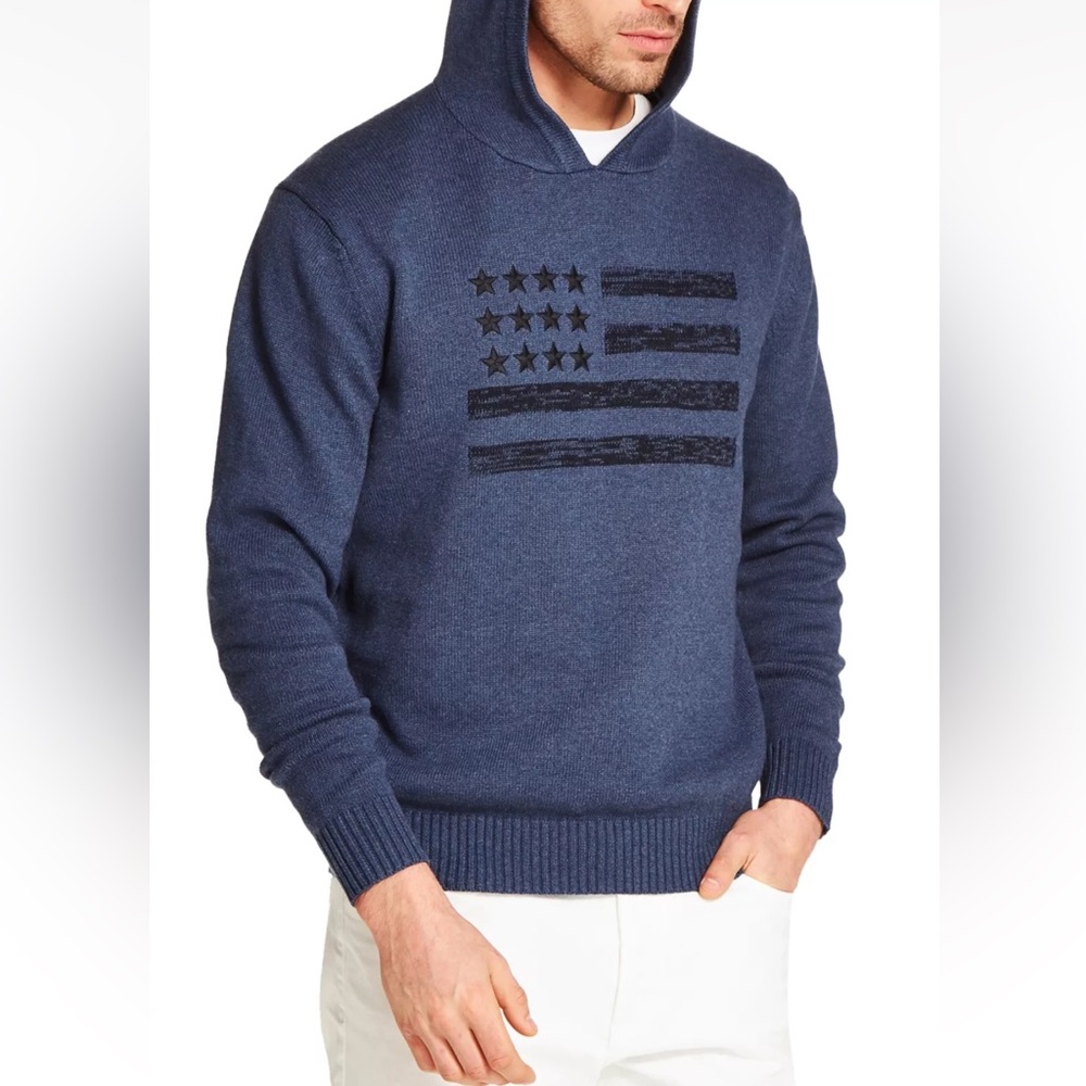 New Mens Weatherproof Vintage Denim Blue Stars & Stripes Hooded Sweater (Small)